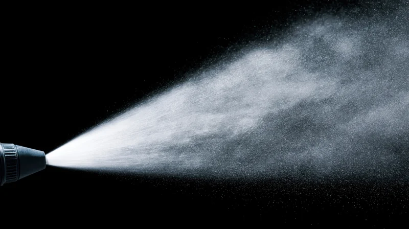 Fine water mist spraying horizontally from a nozzle against black background