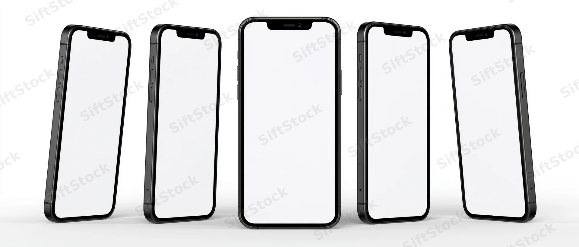 Five smartphones arranged in a row on a white surface with blank screens for design mockup
