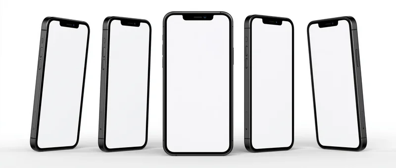 Five smartphones arranged in a row on a white surface with blank screens for design mockup