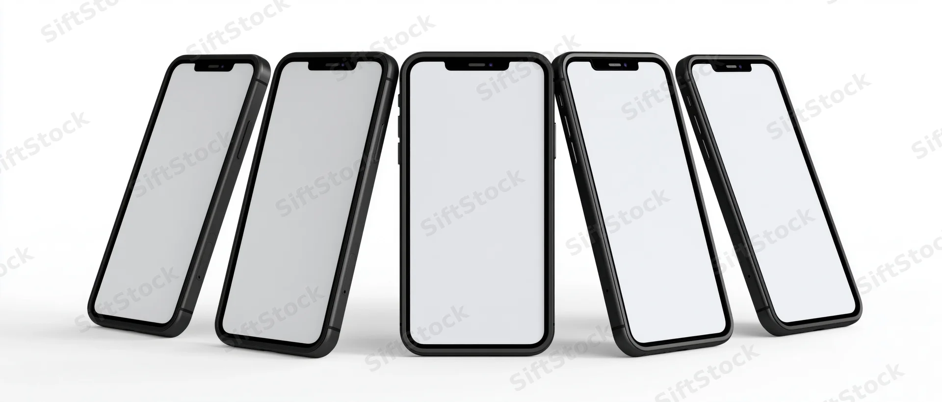Five smartphones with blank screens arranged in a row on white background
