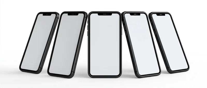 Five smartphones with blank screens arranged in a row on white background