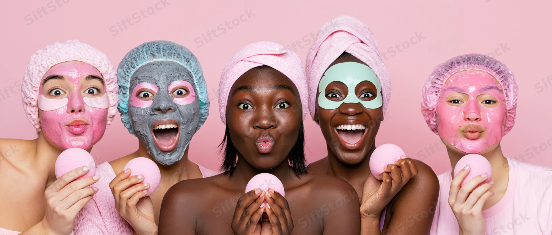 Five diverse young women with facial masks and towels posing playfully against pink background