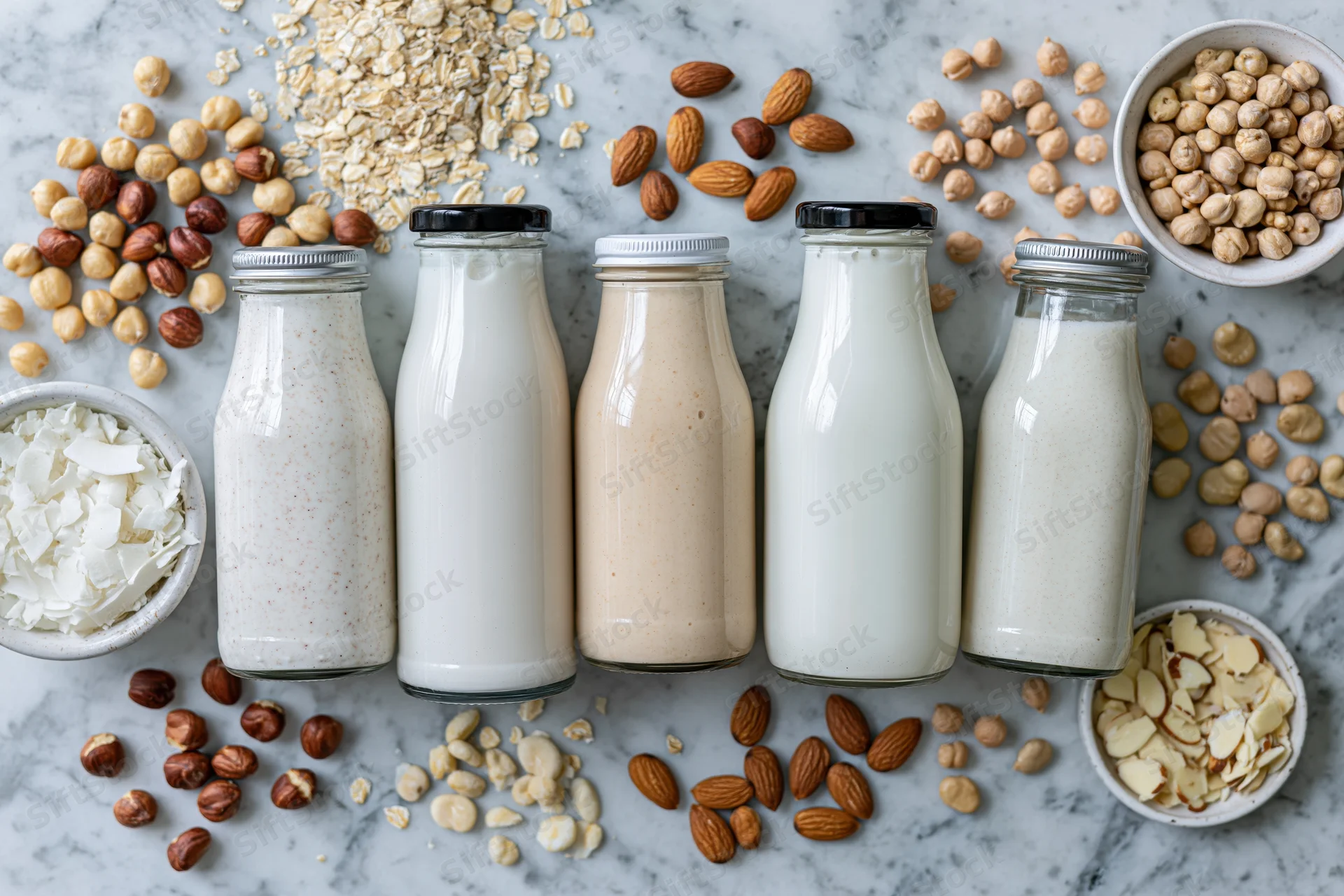 Five glass bottles of plant-based milk arranged on a marble countertop with scattered nuts, oats, and coconut flakes around them