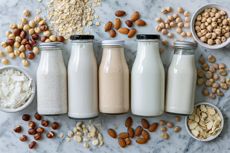 Five glass bottles of plant-based milk arranged on a marble countertop with scattered nuts, oats, and coconut flakes around them