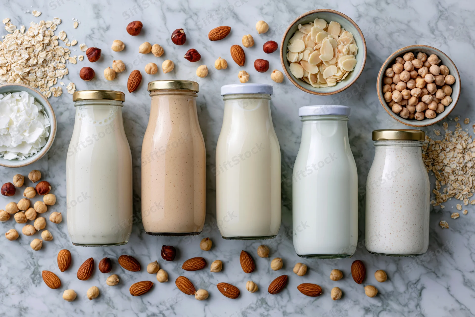 Five glass bottles of plant-based milk arranged on a marble surface with scattered nuts and grains