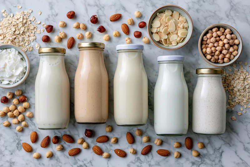 Five glass bottles of plant-based milk arranged on a marble surface with scattered nuts and grains