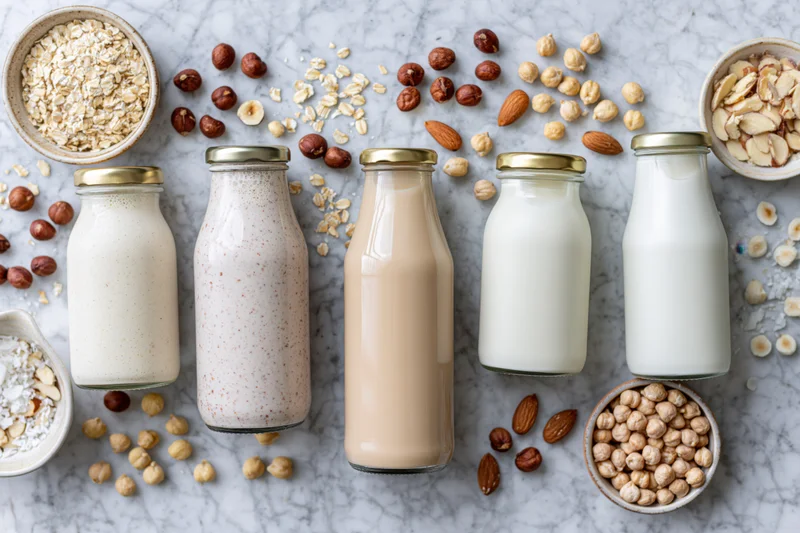 Five glass bottles of plant-based milk arranged on a marble countertop with scattered nuts and grains around them