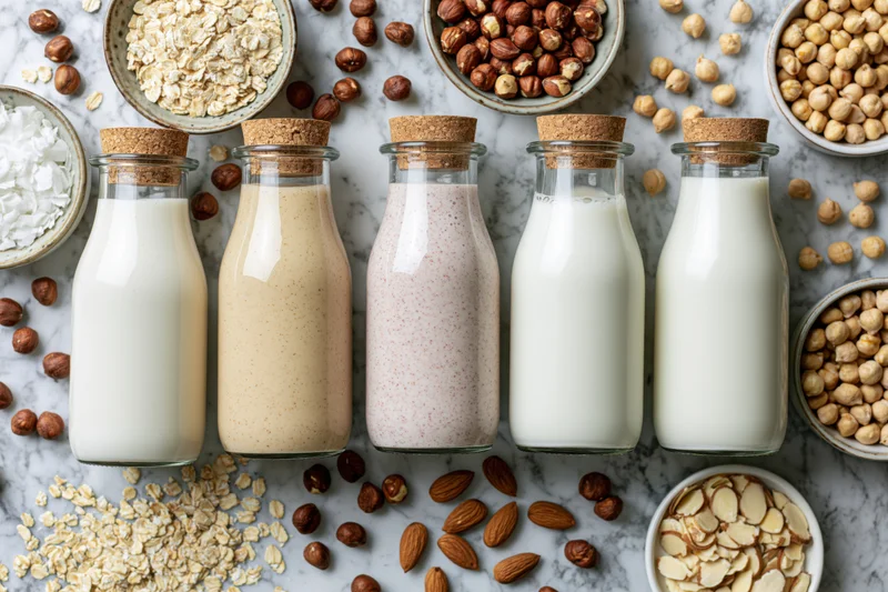 Five glass bottles of plant-based milk arranged on a marble surface with bowls of oats, hazelnuts, almonds, and soybeans surrounding them