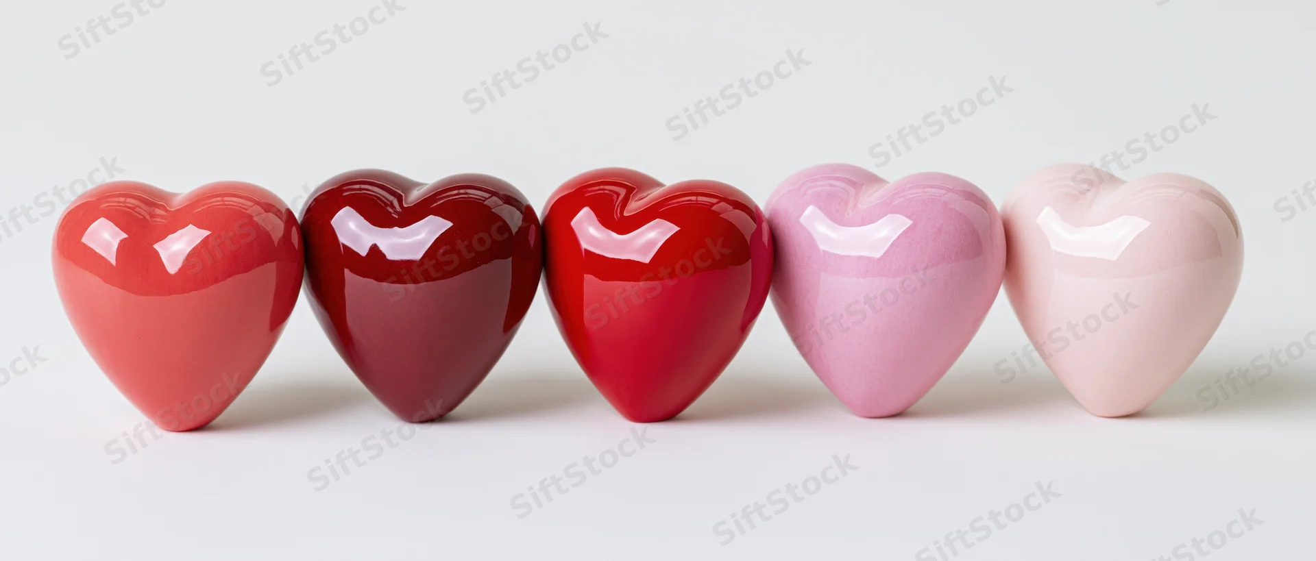 Five glossy heart-shaped decorative objects arranged in a row on a white background