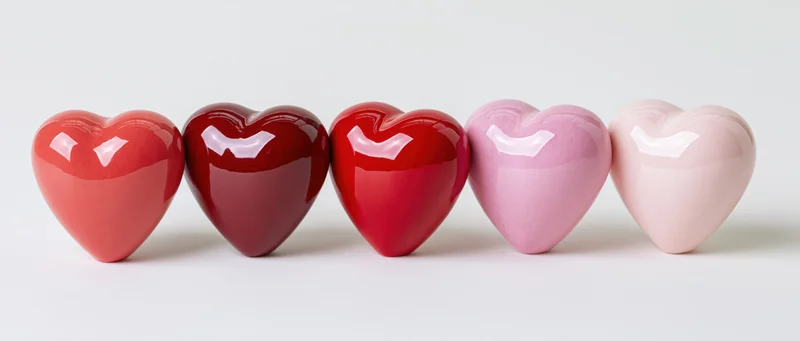 Five glossy heart-shaped decorative objects arranged in a row on a white background