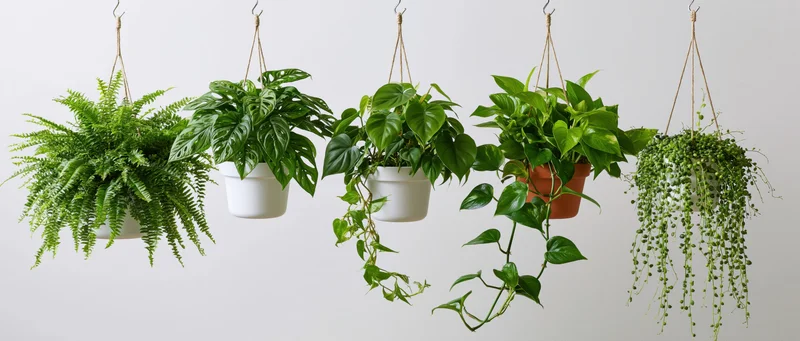 Five hanging houseplants in white and terracotta pots suspended from ceiling hooks against a plain white wall