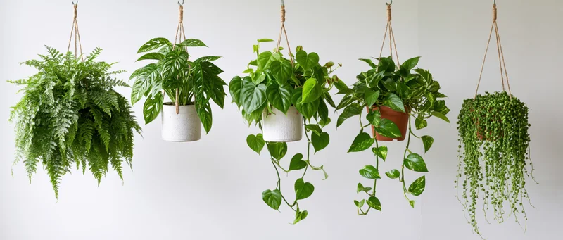 Five hanging houseplants arranged in a row against a white wall