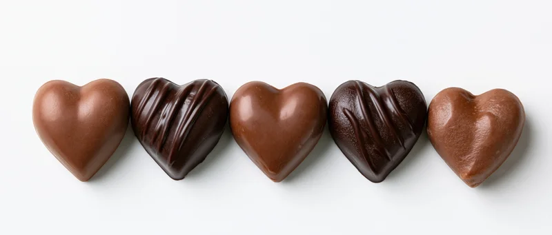 Five heart-shaped chocolate candies arranged in a row on a white background