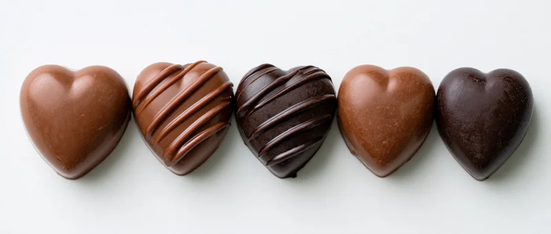 Five heart-shaped chocolate candies arranged in a row on a white surface