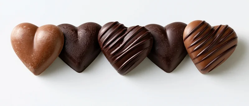 Five heart-shaped chocolate candies arranged in a row on a white surface