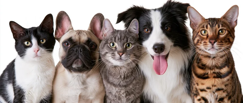 Five pets lined up side by side facing the camera in a studio portrait