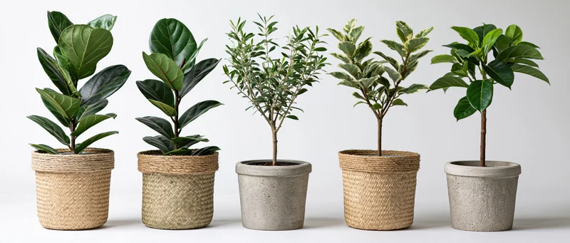 Five potted indoor trees arranged in a row against a plain white background