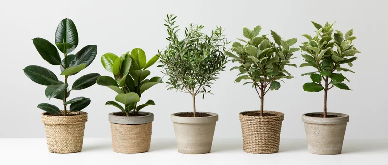 Five potted indoor trees arranged in a row on a white surface against a plain background