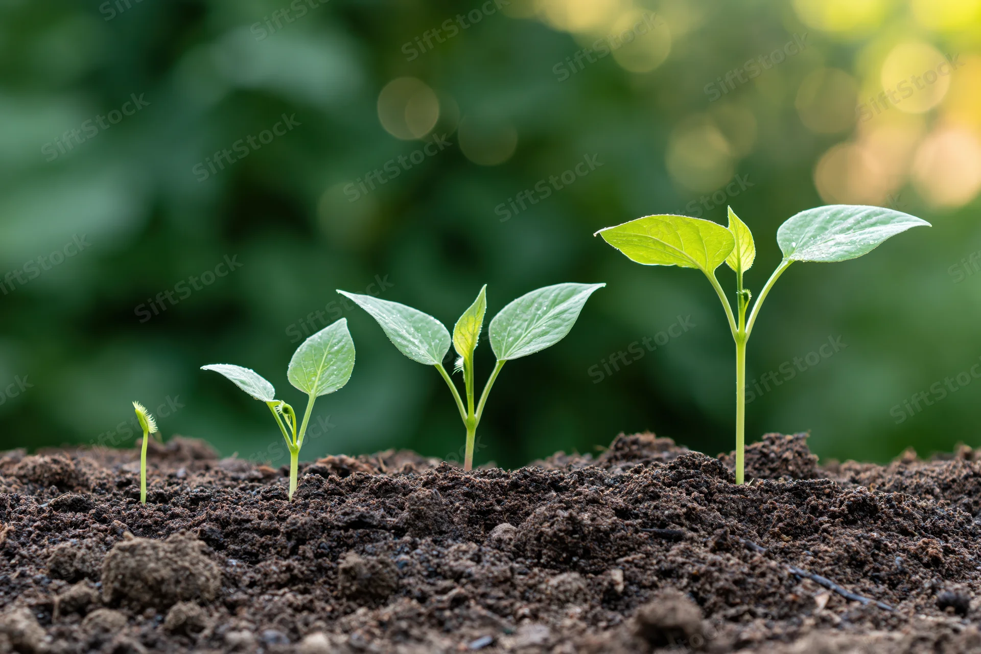 Five seedlings in sequential growth stages emerging from soil in a garden row