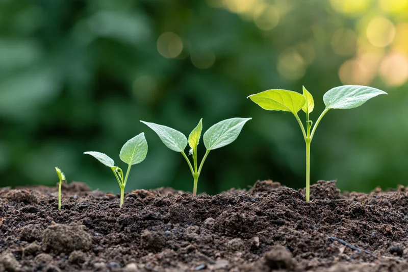 Five seedlings in sequential growth stages emerging from soil in a garden row