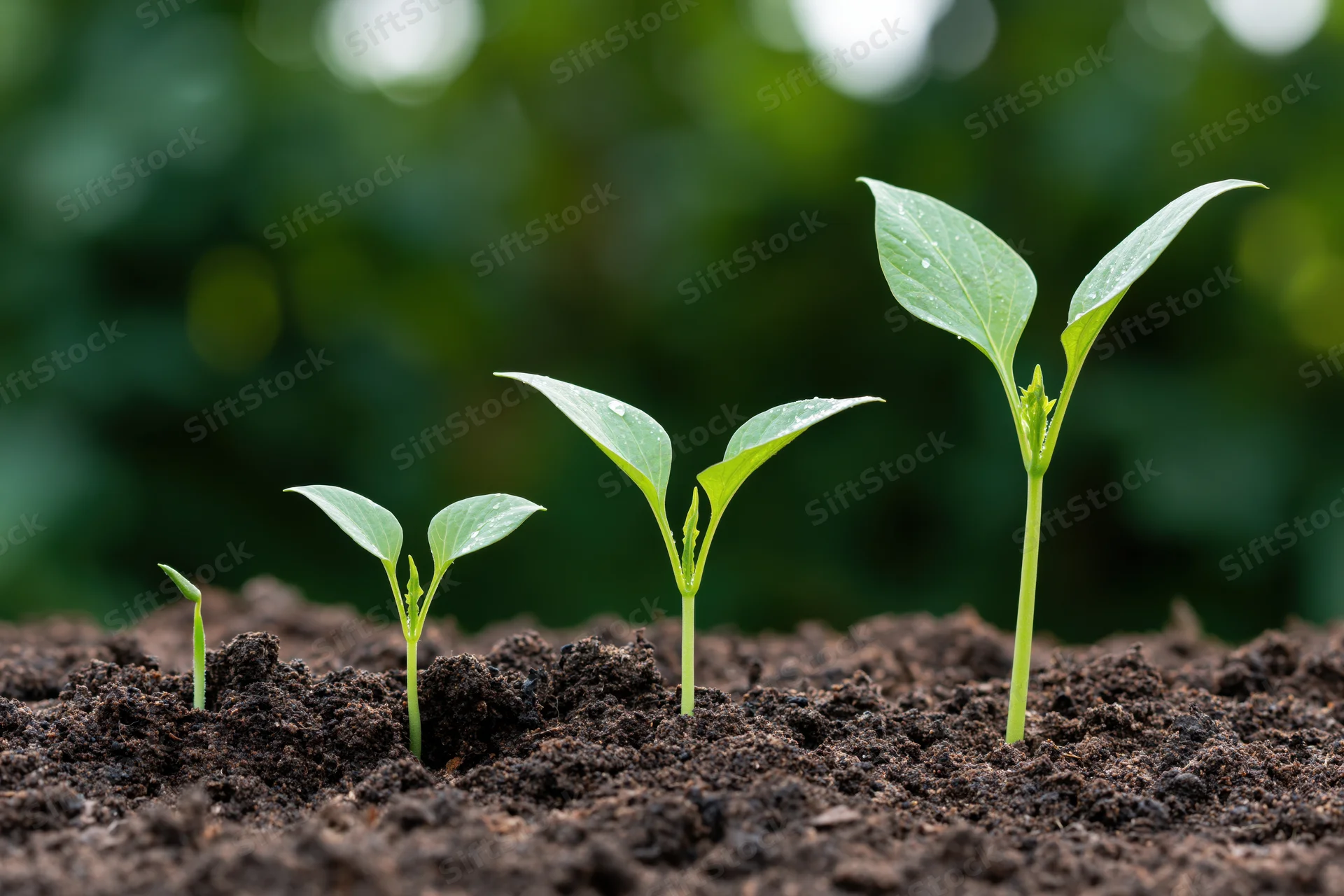 Four seedlings in sequential growth stages emerging from dark soil in a garden row
