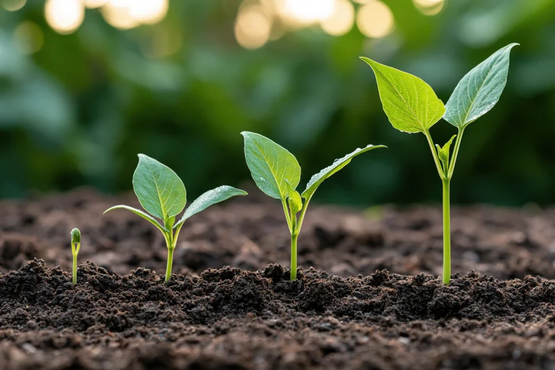 Four seedlings in sequential growth stages emerging from soil in a garden row