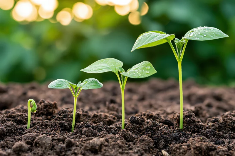 Five seedlings in sequential growth stages emerging from soil in a garden row