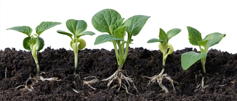 Five seedlings in progressive growth stages emerging from soil with visible roots against white background