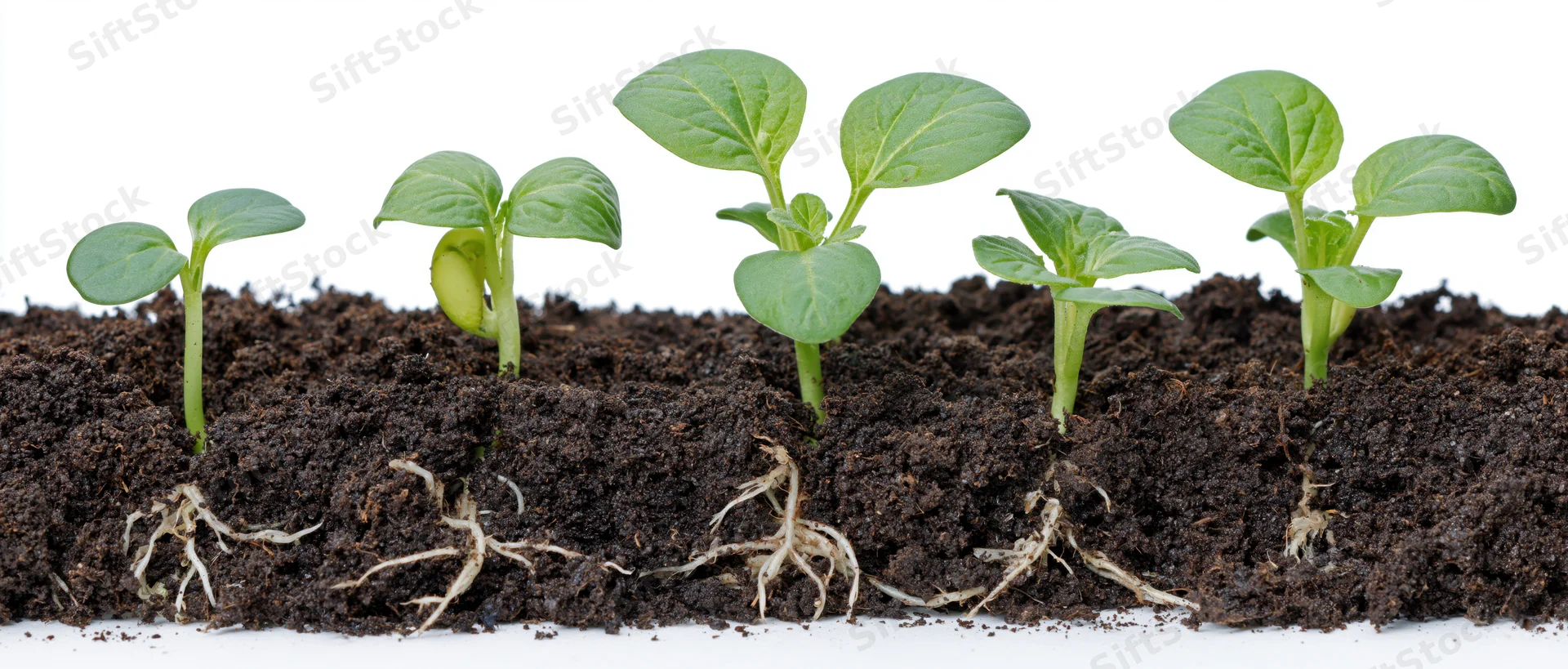 Five seedlings in progressive growth stages emerging from soil with visible roots on white background