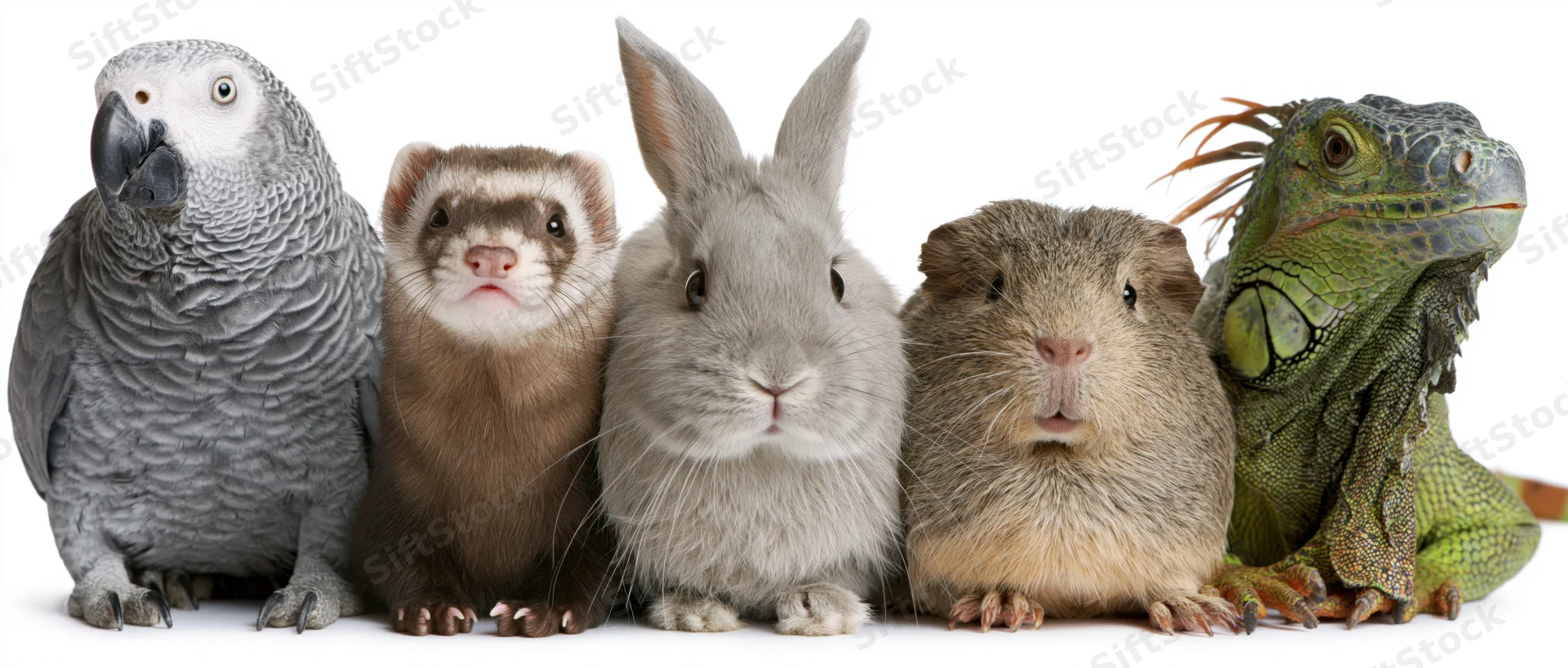 Five small exotic pets lined up in a row against white background