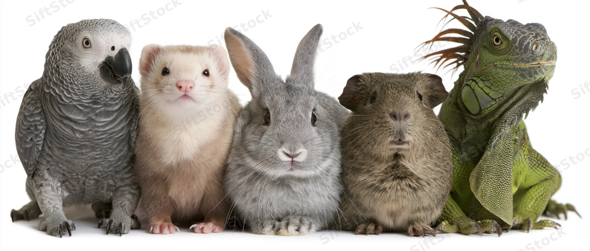 Five exotic pets lined up in a row on white background