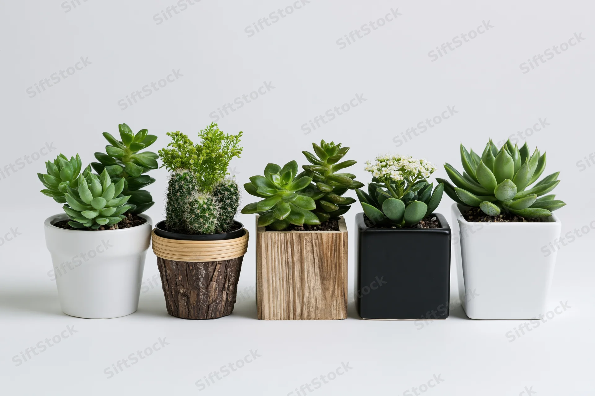 Five small potted succulents and cacti arranged in a row on a white surface