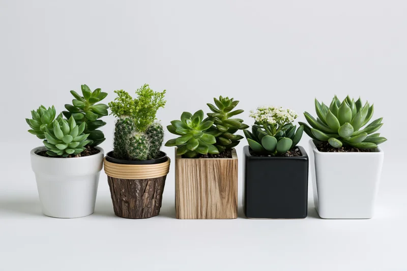 Five small potted succulents and cacti arranged in a row on a white surface
