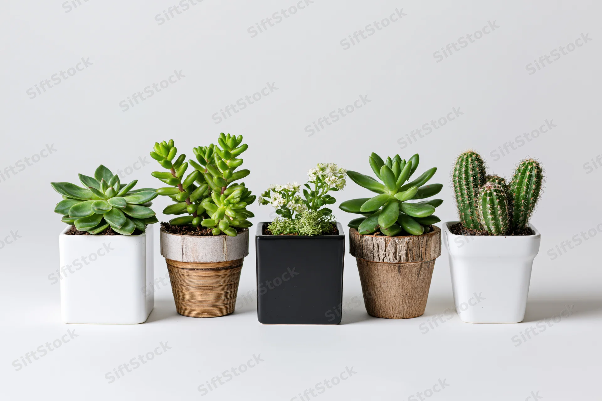 Five small potted succulents and cacti arranged in a row on a white surface