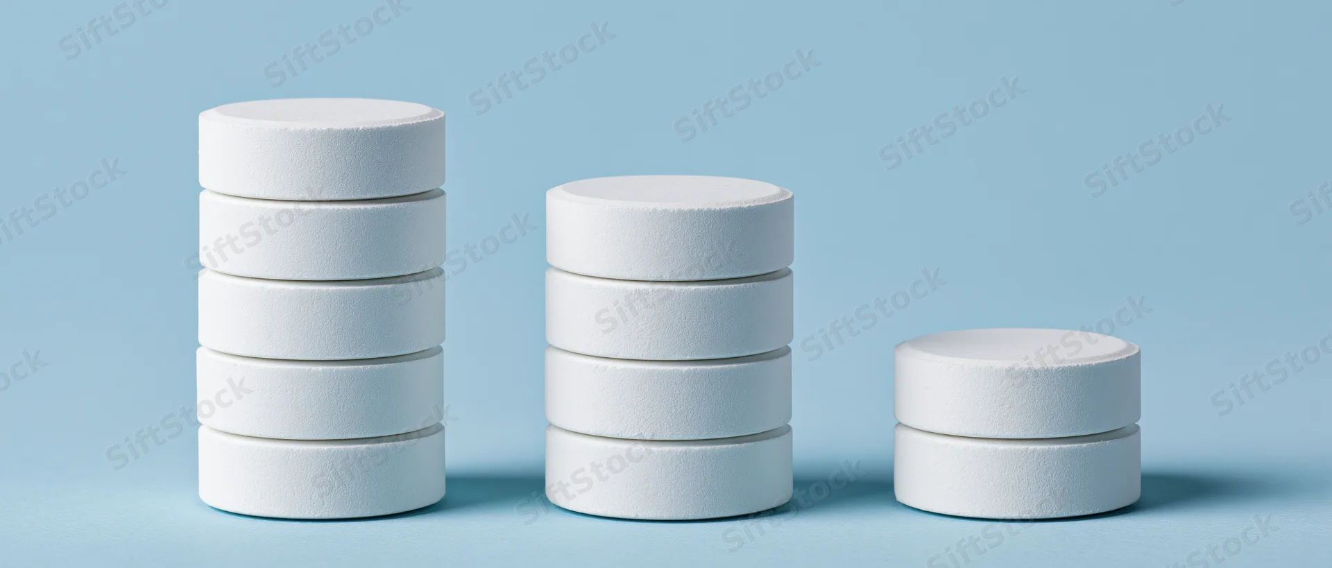 Stacks of white round pharmaceutical tablets arranged in descending order on a blue surface
