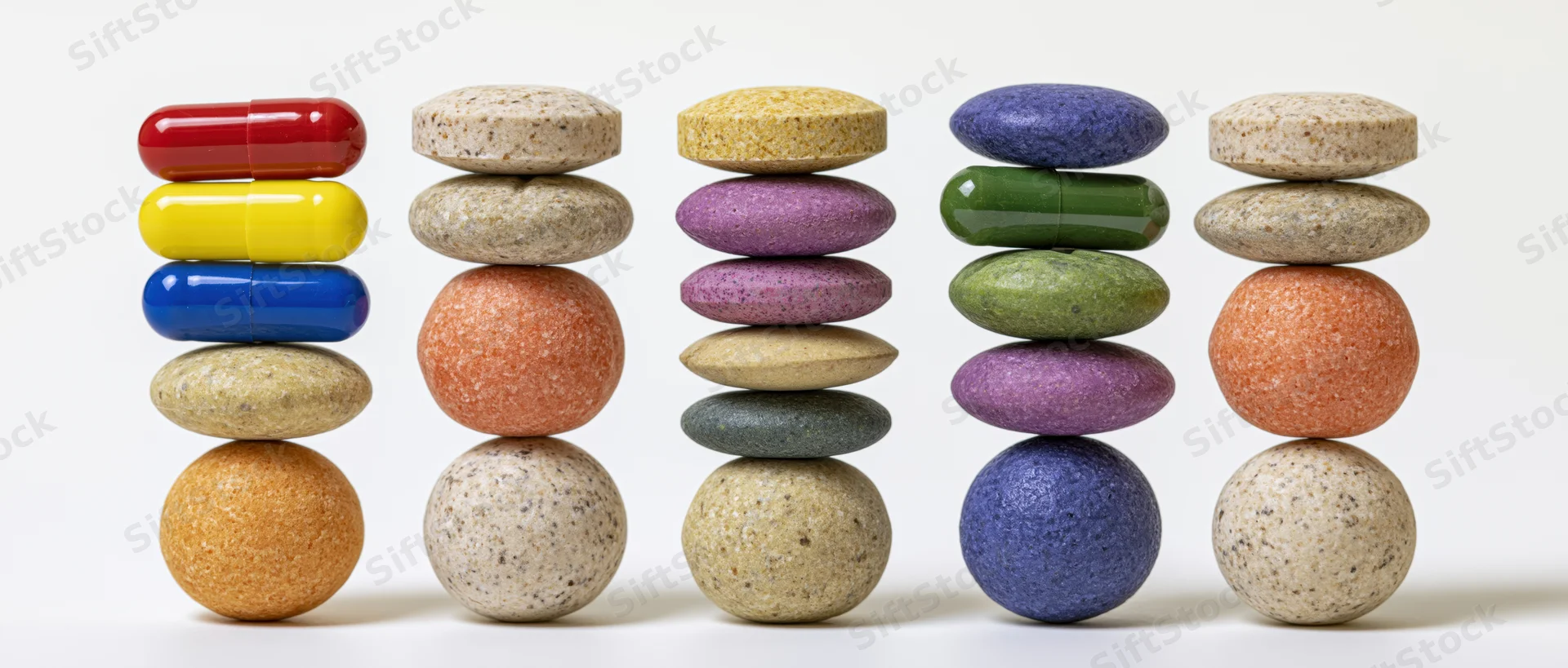 Five vertical stacks of assorted pharmaceutical pills and tablets arranged in rows on a white surface