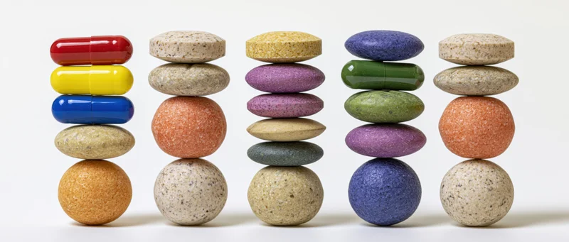 Five vertical stacks of assorted pharmaceutical pills and tablets arranged in rows on a white surface