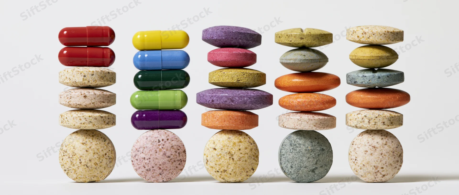 Five vertical stacks of assorted pharmaceutical pills and tablets arranged in rows on a white surface