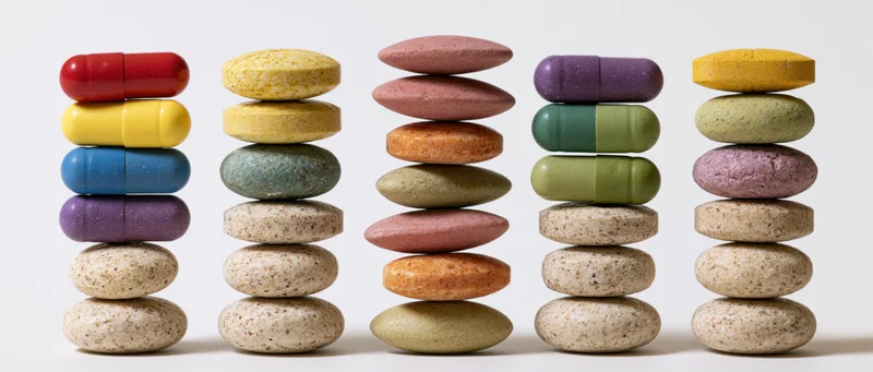 Five vertical stacks of assorted pharmaceutical pills and tablets arranged in rows on a white surface