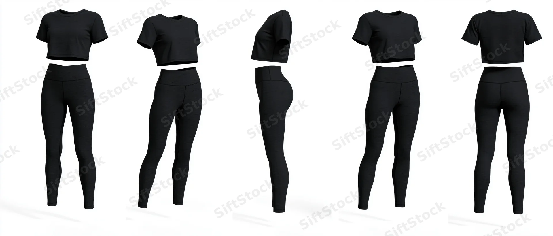 Five views of a black women's activewear set with crop top and leggings on white background