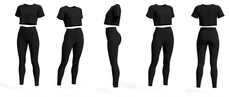 Five views of a black women's activewear set with crop top and leggings on white background