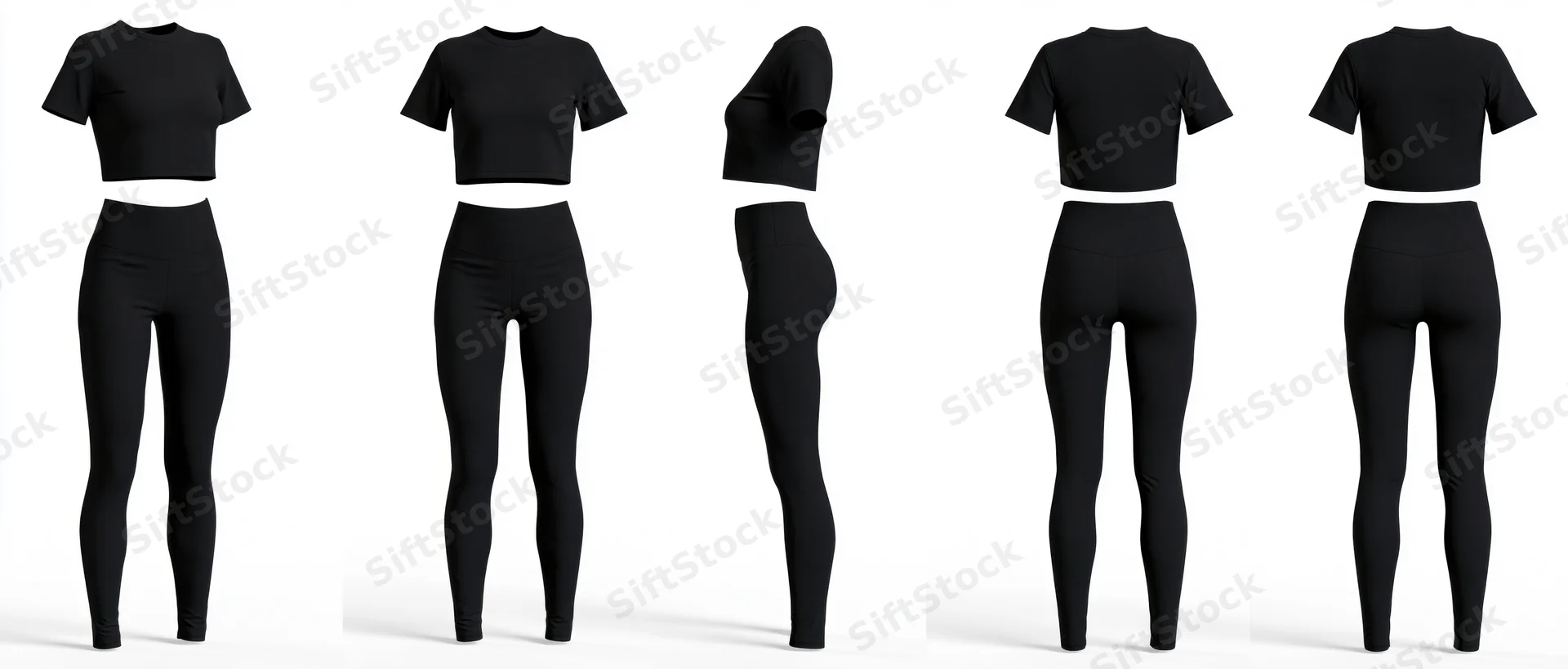 Five views of a black women's activewear set showing front, back, and side poses on a white background