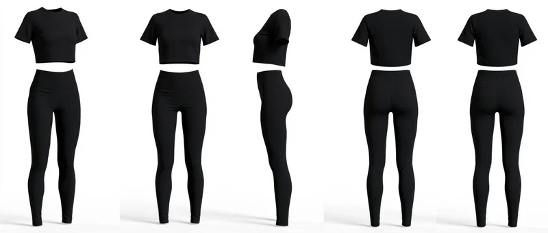 Five views of a black women's activewear set showing front, back, and side poses on a white background