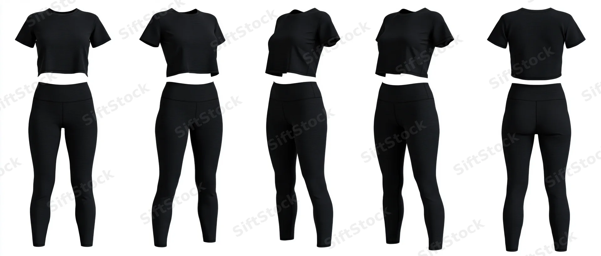 Five views of a black women's activewear set showing front, side and back poses on white background