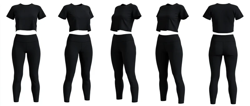 Five views of a black women's activewear set showing front, side and back poses on white background