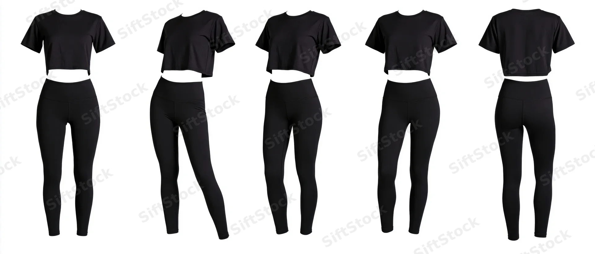 Five views of a black women's activewear set with crop top and leggings on white background
