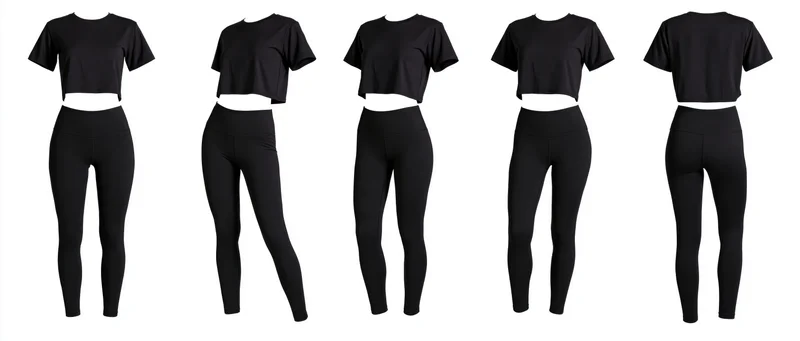 Five views of a black women's activewear set with crop top and leggings on white background