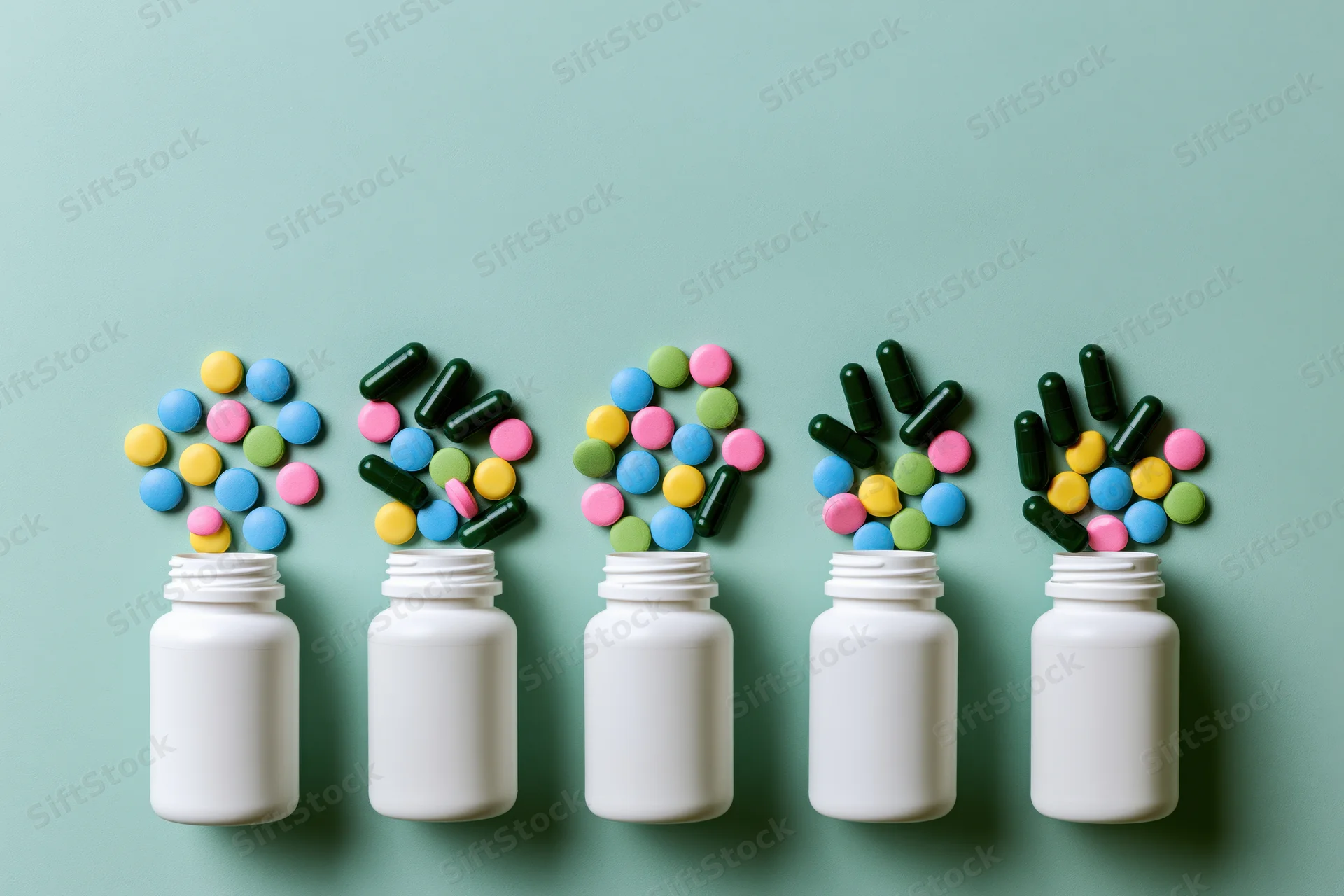 Five white pill bottles in a row with colorful pills spilling out on a mint green background