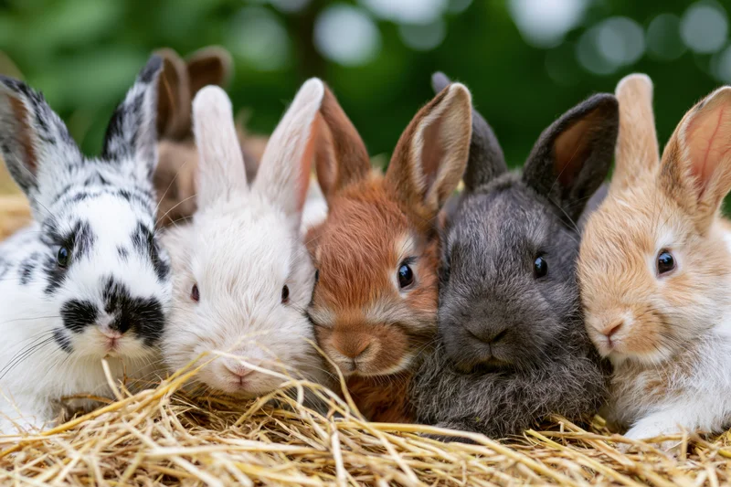 Five young rabbits clustered together resting on hay in a farm setting