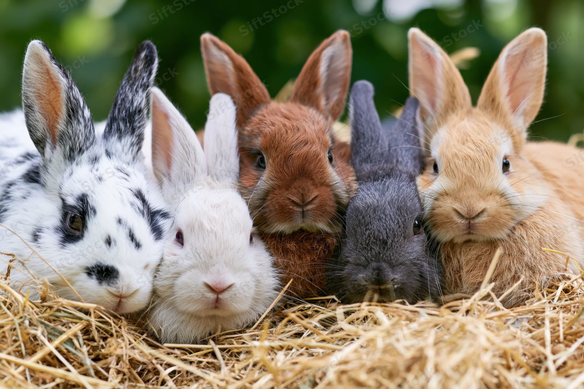 Five young rabbits resting together in a pile of hay outdoors